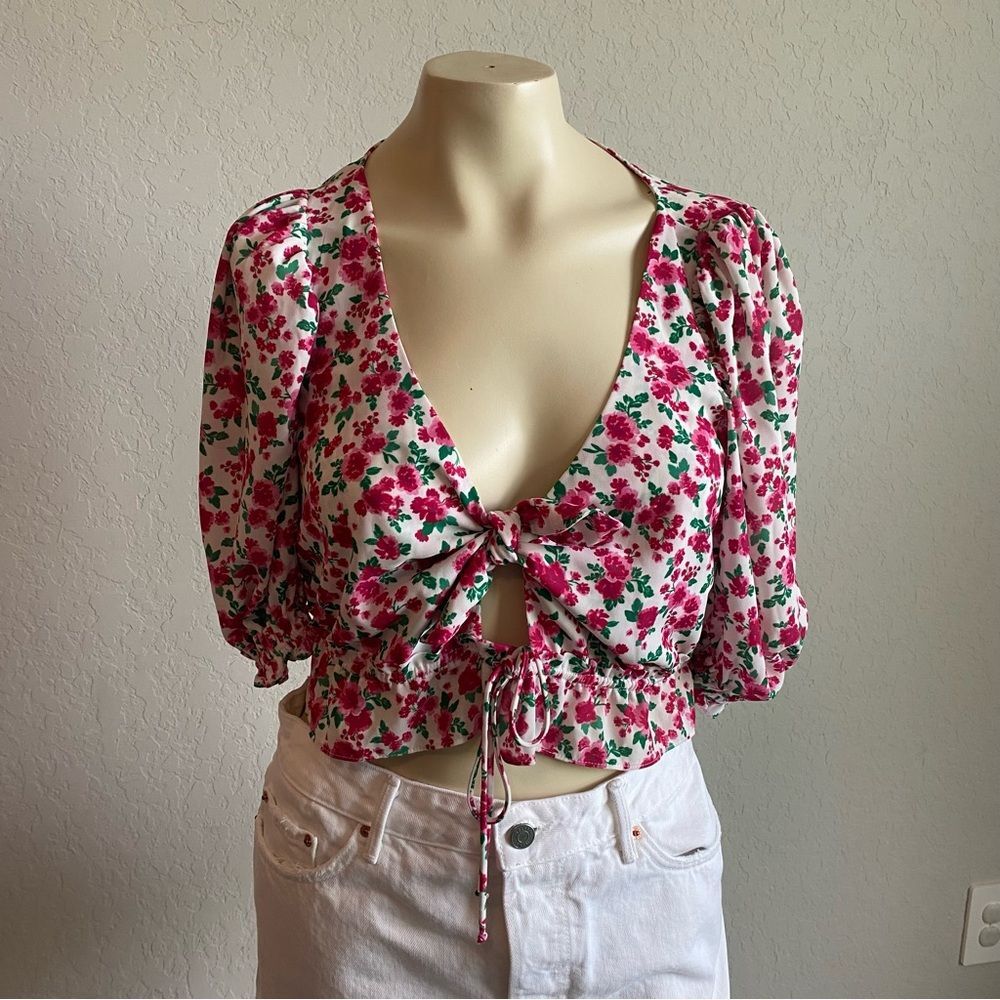 For Love & Lemons Floral Tie-Front Blouse Womens Sz Small Puff Sleeve Coquette